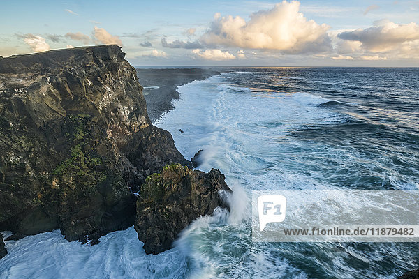 Large waves crash against the cliffs and coast along the southwest area of the Reykjanes Peninsula; Iceland