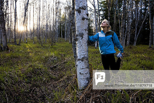 'A young woman stretching her legs before a run in a forest; Homer  Alaska  United States of America'