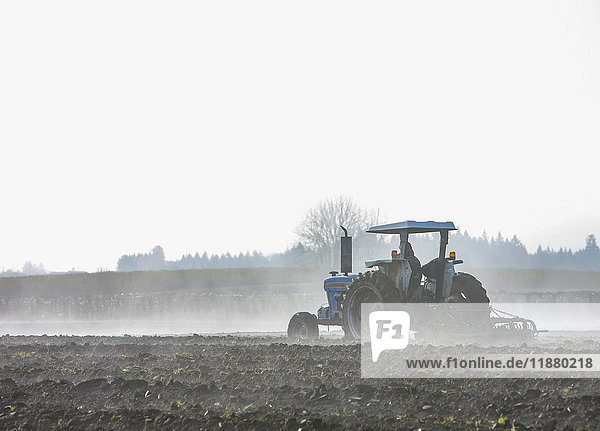 A farmer ploughing a field with a tractor and plough