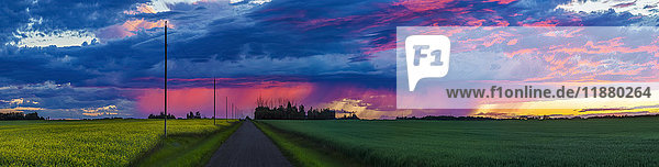 Dramatischer farbiger Himmel bei Sonnenuntergang über grünem Ackerland und einer Landstraße; Alberta  Kanada'.