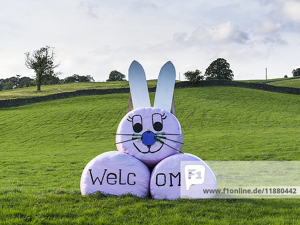 Wrapped hay bales decorated at a bunny rabbit and welcome sign; Yorkshire  England