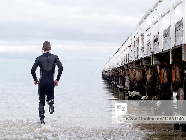 Rear view of man in wet suit running into sea by pier  Melbourne  Victoria  Australia  Oceania