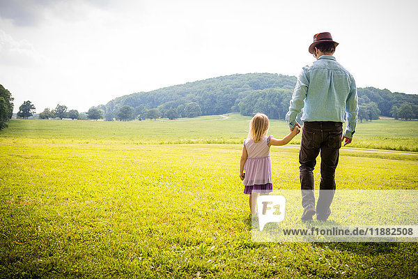 Rear view of girl strolling with father in rural field