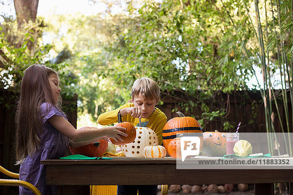 Junge und Schwester schnitzen Kürbisse auf dem Gartentisch