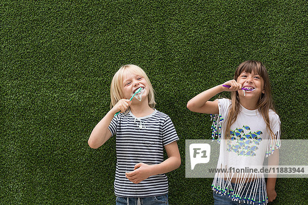 Children in front of artificial turf wall brushing teeth