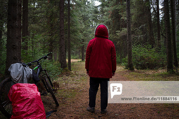 Rear view of male mountain biker in red parka looking out at forest