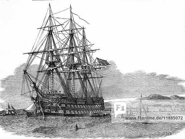 Radierung der Illustrated London News von 1853. Die Hercules im Hafen von Cambletown  die Auswanderungsfront