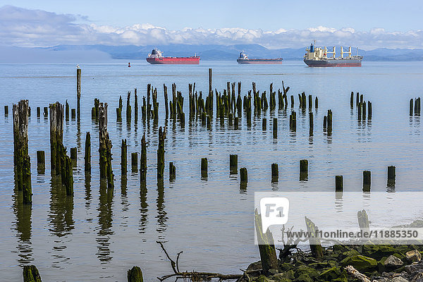 'Ships anchor along the riverfront; Astoria  Oregon  United States of America'