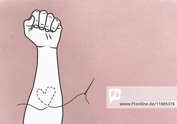 Illustratives Bild des auf der Hand gestickten Herzens vor rosa Hintergrund