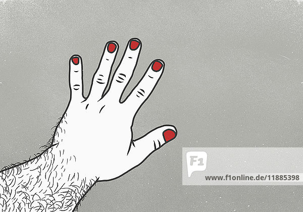 Abgeschnittenes Bild des Mannes mit rotem Nagellack auf dem Finger vor grauem Hintergrund