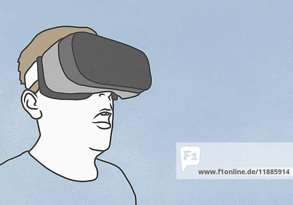 Mann mit Virtual-Reality-Brille vor blauem Hintergrund