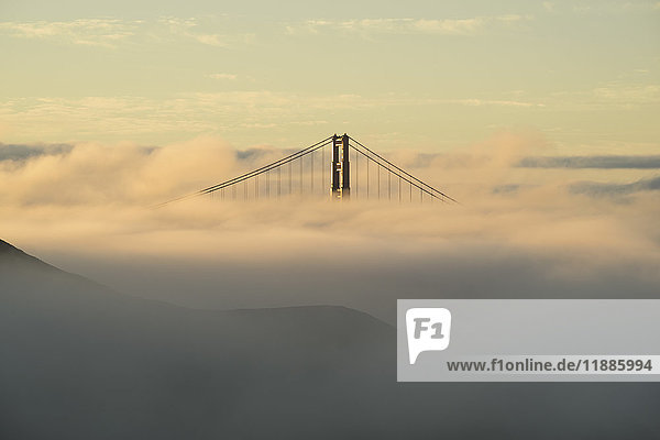 Blick auf die Golden Gate Bridge  umgeben von Nebel bei Sonnenuntergang  San Francisco  Kalifornien  USA