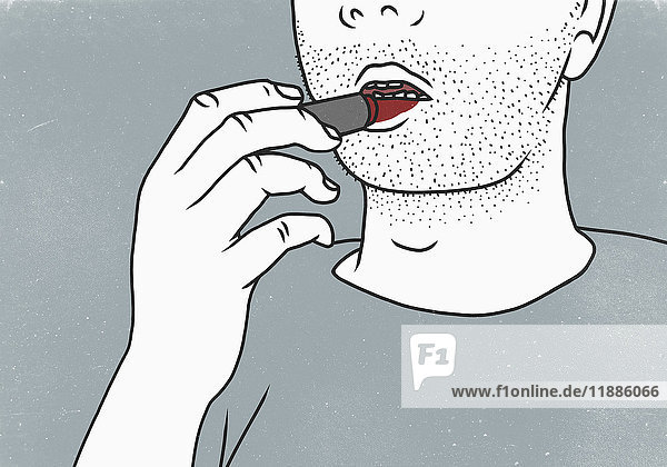 Mittelteil des Mannes mit rotem Lippenstift auf grauem Hintergrund