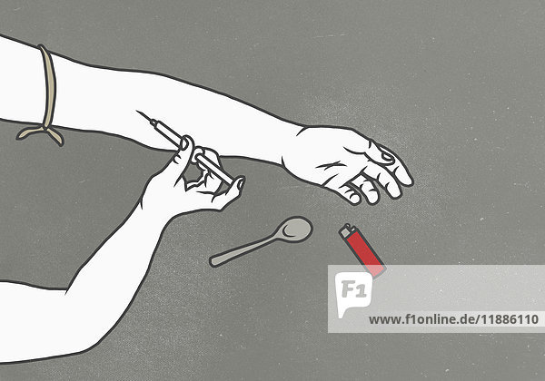 Abgeschnittenes Bild des Mannes  der Drogen injiziert  in der Hand über grauem Hintergrund