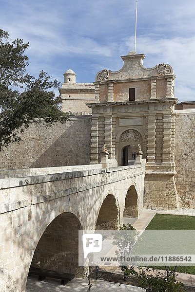 Historisches Stadttor mit Brücke  Mdina  Malta  Europa