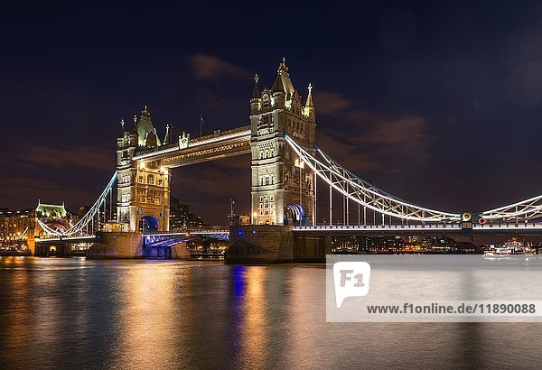 Illuminated Tower Bridge at night  water reflection  Southwark  London  England  United Kingdom  Europe
