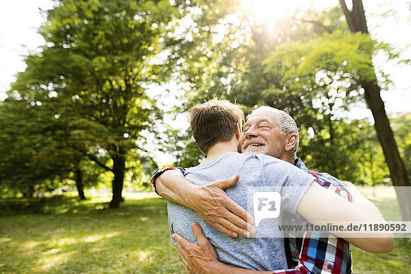 Glücklicher älterer Vater,  der seinen erwachsenen Sohn in einem Park umarmt.