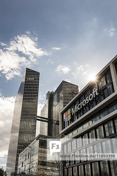 Microsoft Germany  corporate head office  at back Highlight Towers with IBM and Fujitsu headquarters  Schwabing  Munich  Bavaria  Germany  Europe
