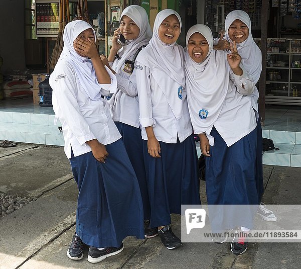 Fröhliche muslimische Schulmädchen in Schuluniformen posieren für die Kamera  Yogyakarta  Java  Indonesien  Asien