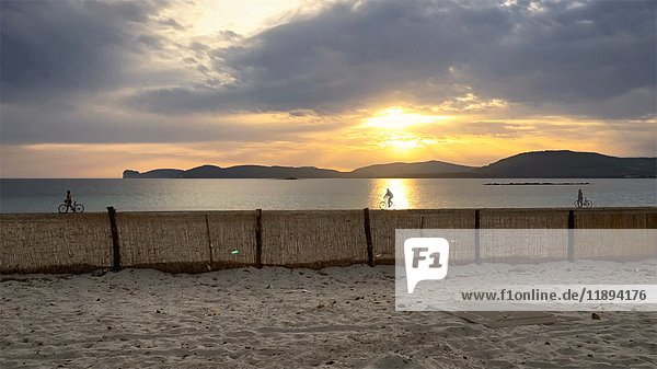 Radfahrer am Strand bei Sonnenuntergang  Alghero  Sardinien