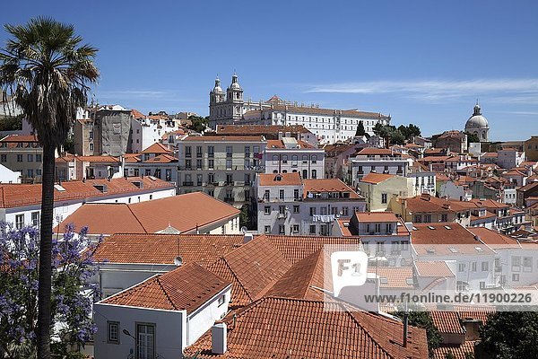 View from the Miradouro Santa Luzia of the old town of Lisbon  at back the monastery church of São Vincente de Fora  Alfama district  Lisbon  Portugal  Europe