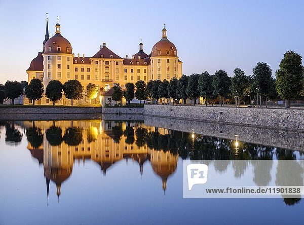 Schloss Moritzburg mit Spiegelung im See blaue Stunde Sachsen Deutschland Europa