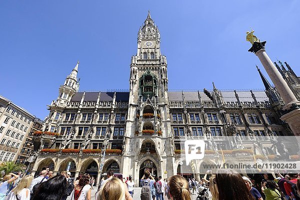 Touristen beobachten Glockenspiel  Neues Rathaus  Marienplatz  Altstadt  München  Oberbayern  Bayern  Deutschland  Europa
