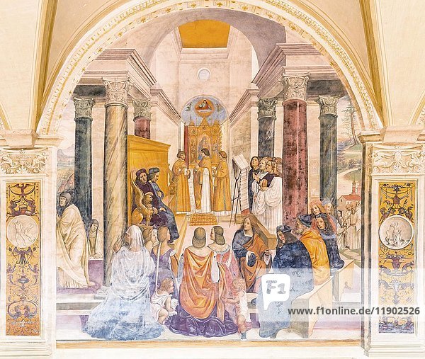 Fresko von Benedikt  der zwei Nonnen die posthume Absolution erteilt  von Sodoma  Abtei Monte Oliveto Maggiore  Toskana  Italien  Europa