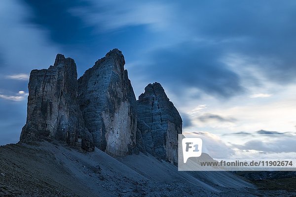 Three Peaks in the Dolomites at the Blue Hour  South Tyrol  Italy  Europe