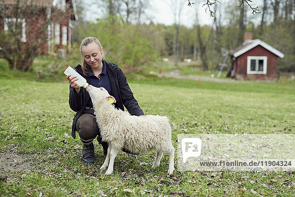 Young woman feeding milk from bottle to lamb on field