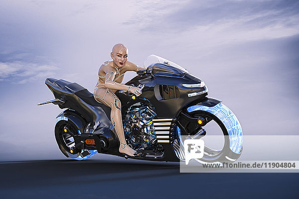 Cyborg-Frau auf futuristischem Motorrad