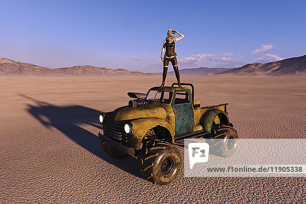 Frau auf dem Dach eines Lastwagens bei der Suche in der Wüste