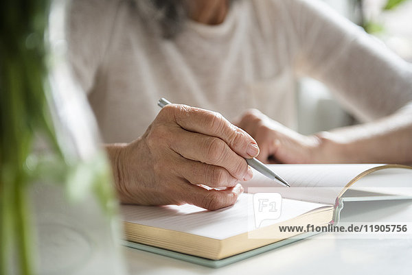 Hände einer älteren Frau  die in ein Tagebuch schreibt