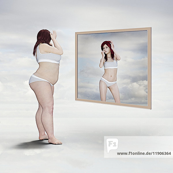 Übergewichtige Frau und Reflexion einer schlanken Frau im Spiegel