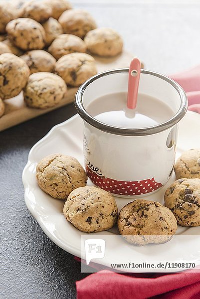 Hausgemachte Mini-Kekse mit Schokoladenmilch  selektiver Fokus
