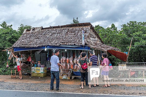 Roadside stalls selling salted fish in SIngkawang  Wets Kalimantan  Indonesia