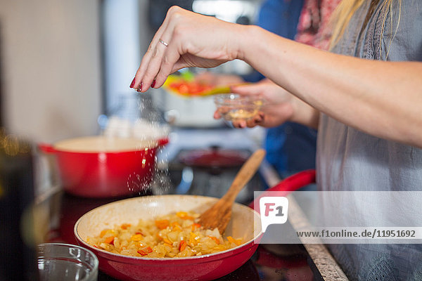 Woman in kitchen  seasoning food in frying pan  mid section
