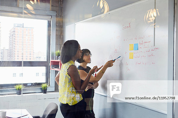 Two women in office  solving problem  using whiteboard  sticky notes stuck on whiteboard