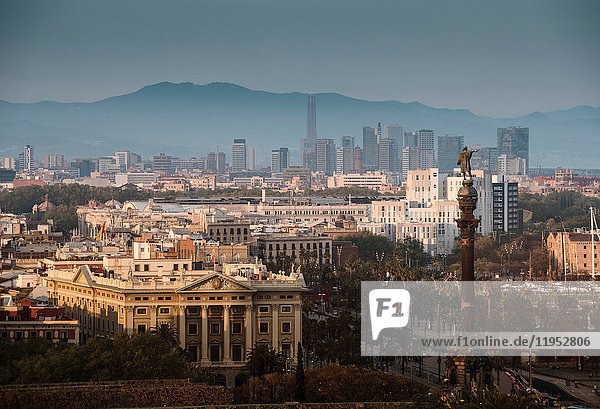 Elevated cityscape and columbus monument  Barcelona  Spain