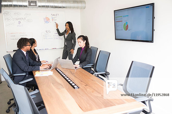 Geschäftsmann und Geschäftsfrauen im Besprechungsraum  Geschäftsfrau  steht vorne  erklärt Geschäftsstrategie