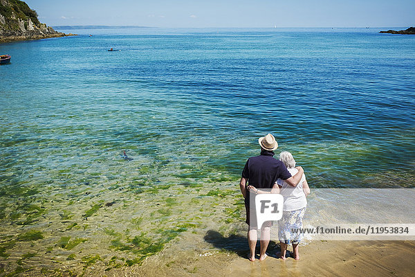 Rückansicht eines älteren Ehepaares,  das mit den Armen umeinander steht und auf das leuchtend blaue und türkisfarbene Wasser,  den Ozean,  blickt.