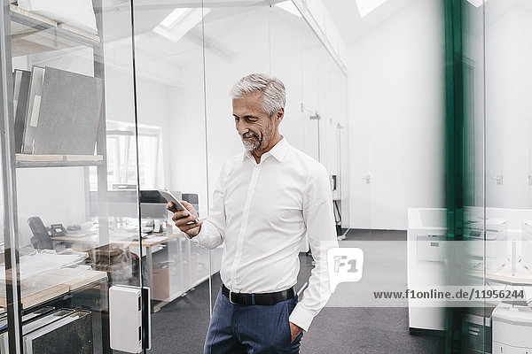 Mature businessman holding cell phone in office