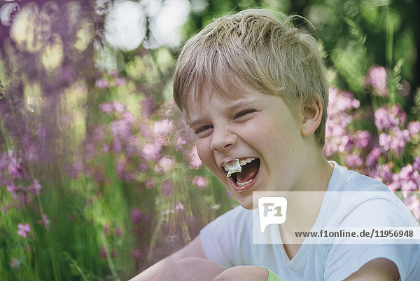 Portrait of laughing little boy with chewing gum sitting on meadow in the garden