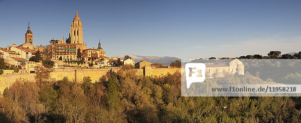 Old town town wall and Cathedral at sunset UNESCO World Heritage Site Segovia Castillia y Leon Spain Europe