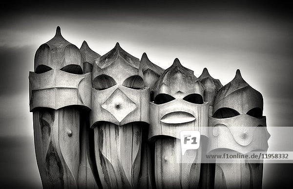 Gaudi chimneys on roof of Casa Mila (La Pedrera) UNESCO World Heritage Site Barcelona Catalonia Spain Europe