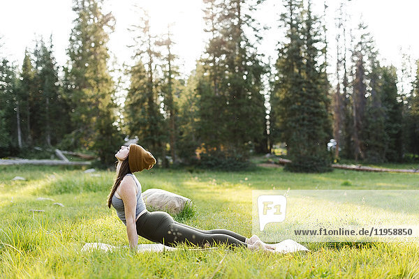 Frau übt Yoga im Wald