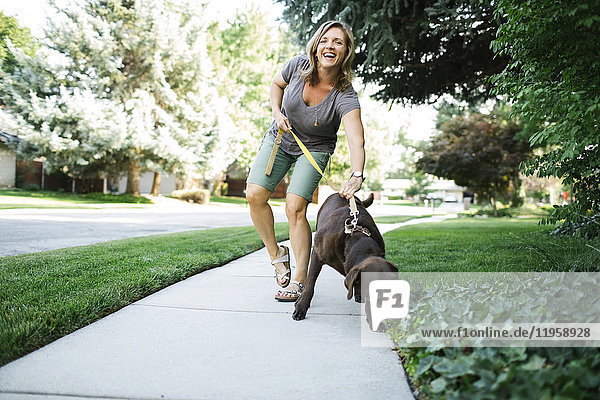 Frau geht mit Labrador Retriever spazieren
