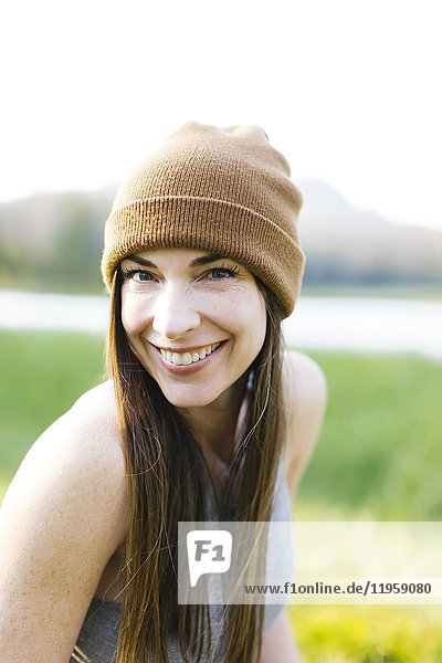 Portrait of woman wearing knit hat
