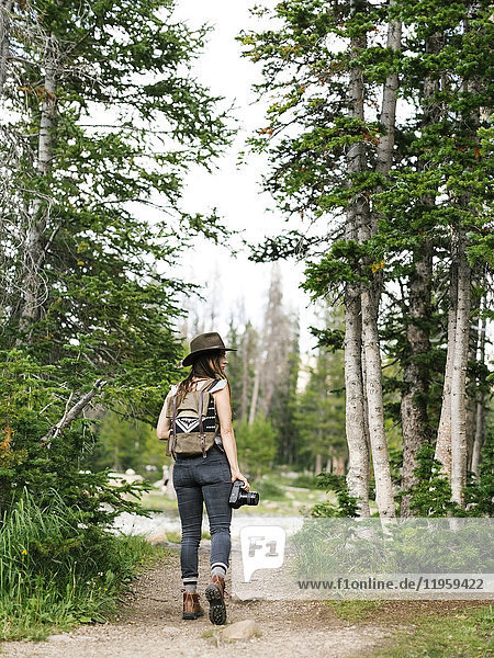 Frau beim Wandern im Wald