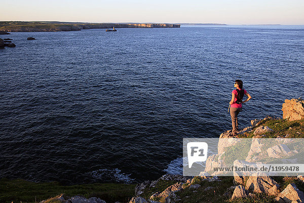 Eine Frau beim Wandern am St. Govan's Head an der Küste von Pembrokeshire  Wales  Vereinigtes Königreich  Europa
